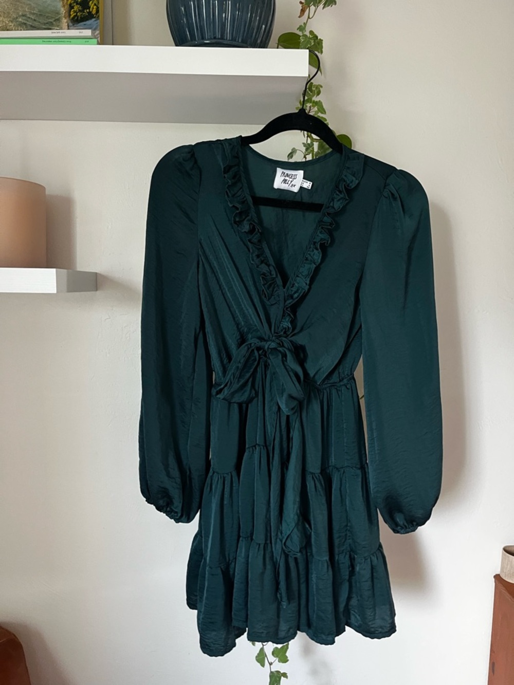 Princess Polly Dark Teal Green Ruffle Tie-Waist Mini Dress